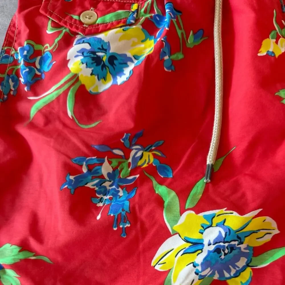 Vintage 90s Polo Ralph Lauren Swim Trunks Shorts Mens Medium M Red Floral Hawaii